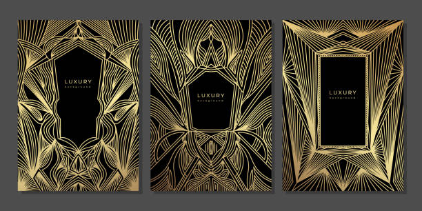 Set of luxury art deco style geometric linear template Set of luxury art deco style geometric linear template. Golden lines, stripes, waves. Black background with gold outline elements. Shiny stroke. Abstract minimalist gatsby style poster, banner, cover gatsby stock illustrations
