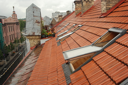 Skylights in the tiled roof in old city.