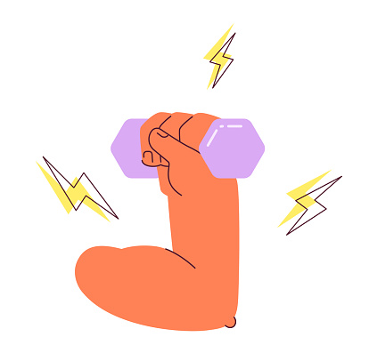 Lifting hand weight semi flat colorful vector first view hand. Dumbbell exercise. Grip with lightning bolts. Editable icon on white. Simple cartoon spot illustration for web graphic design, animation