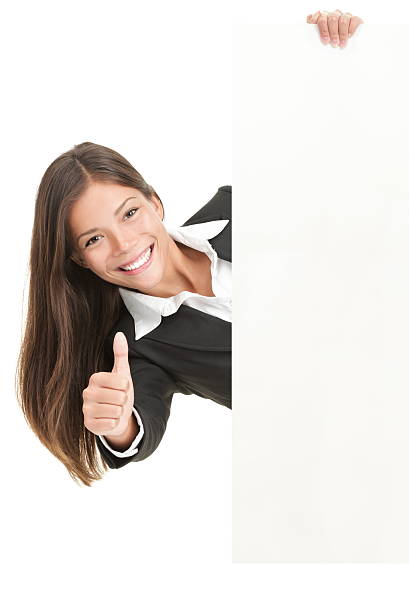 標識広告を持つ女性 - advertisement advertise businesswoman peeking ストックフォトと画像