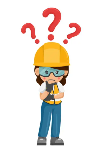 Vector illustration of Industrial woman construction worker pensive and expressing doubt with question sign for FAQ concept. Industrial safety and occupational health at work