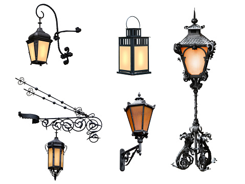 collage vintage street night lamp isolated on white background
