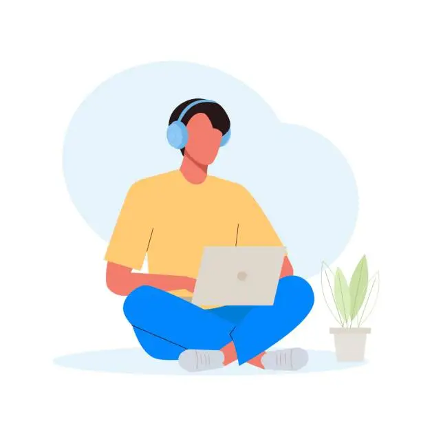 Vector illustration of Man student in the headphones studying with laptop. Online distance education concept. E-learning