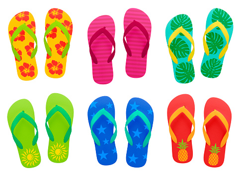 Colorful  flip-flops sandals collection with different designs isolated on pure white background