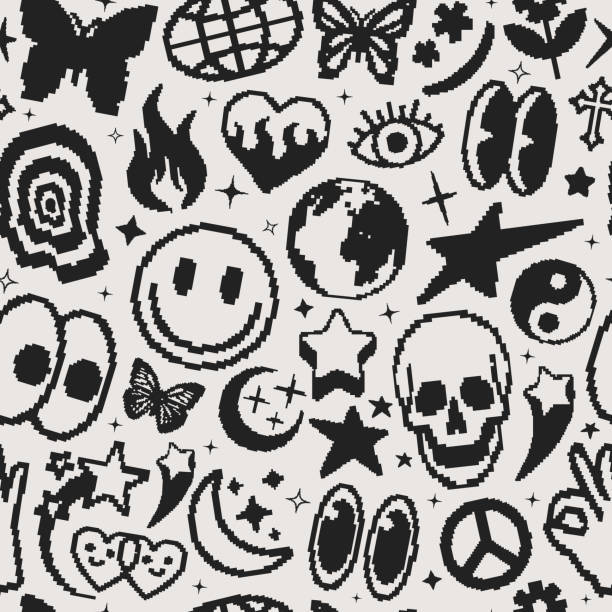stockillustraties, clipart, cartoons en iconen met cool pixel y2k seamless pattern. retrowave background. vaporwave 8bit backdrop. - millennium