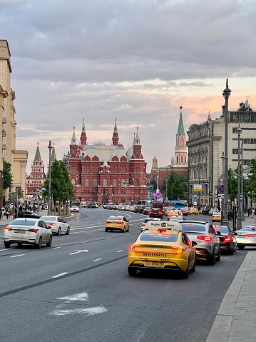 Moscow, Russia  - May 13, 2023: Traffic on Tverskaya street