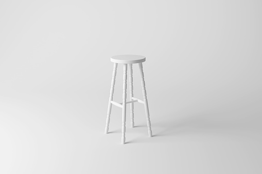 White four-legged stool chair on white background forming a monochrome background. Illustration as a minimalist interior design element