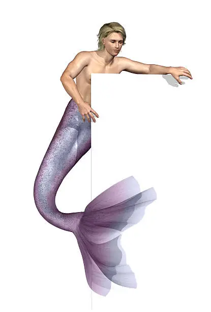 A merman holds onto a corner or an edge or border - 3D render.