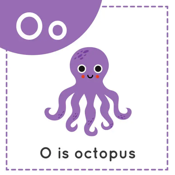 Vector illustration of Learning English alphabet for kids. Letter O. Cute cartoon octopus.