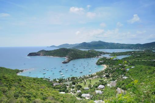 View of English Harbour, Antigua from Shirley Heights during sailing week.