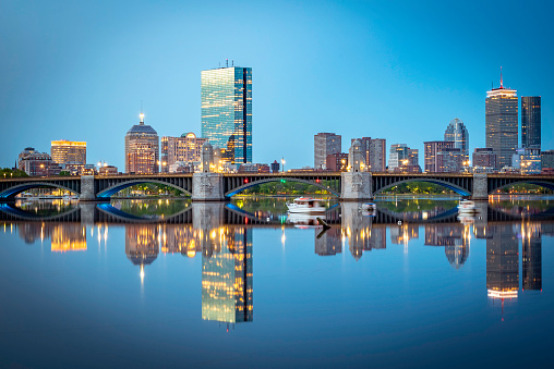 View of the skyline of Boston in Massachusetts, USA showcasing the Charles River, Longfellow Bridge anf the most famous building in the city at Back Bay.