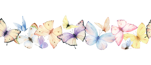 Watercolor seamless border of multicolored butterflies. Perfect for the creation of printed products, party invitation, wedding, wallpaper, textiles, decoration, stationery design.