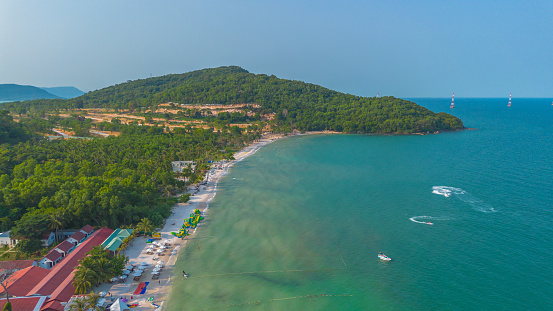 Aerial view of Sao beach with white sand and crystal clear water in Phu Quoc island, Vietnam