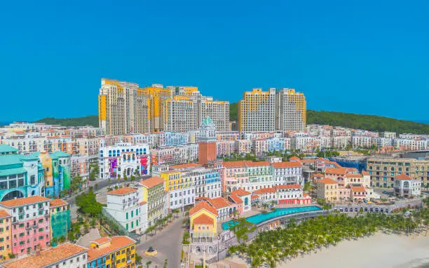 Aerial view of Sunset ghost town in Phu Quoc island, Vietnam. Fast being developed European city copy. Amazing future resort, Kien Giang province