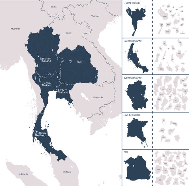 vektorová barva podrobná mapa thajska s administrativním rozdělením země, každý region je prezentován samostatně ve velmi podrobné a rozdělen do provincií - thailand map stock ilustrace