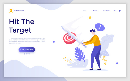 Landing page template with person hitting target with sword. Concept of fighting for goal achievement, accomplishing objectives, forceful action to reach aim. Flat vector illustration for website.