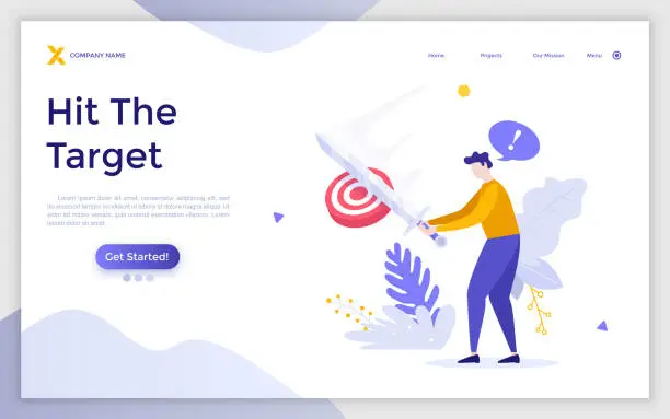 Vector illustration of Landing page template with person hitting target with sword. Concept of fighting for goal achievement, accomplishing objectives, forceful action to reach aim. Flat vector illustration for website.
