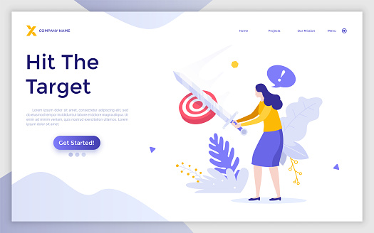 Landing page template with woman hitting target with sword. Concept of fighting for goal achievement, accomplishing objectives, forceful action to reach aim. Flat vector illustration for website.