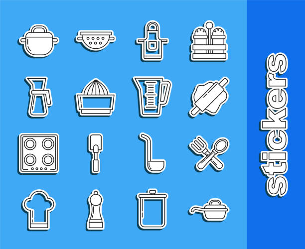 set line frying pan, crossed fork and spoon, rolling pin, kitchen apron, citrus fruit juicer, measuring cup, cooking pot and icon. vector - rolling fork 幅插畫檔、美工圖案、卡通及圖標