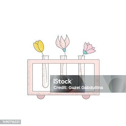 istock Modern cartoon flowers in vase like test tube. Simple minimalist floral vector illustrations for print, poster, card, sticker, wall decor. 1490716331
