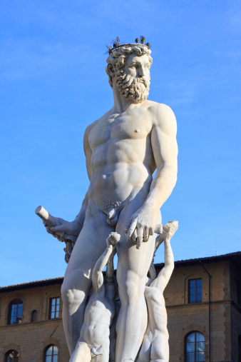 A statue of the Greek God Oceanus, the centrepiece of the Trevi Fountain in Rome, Italy.