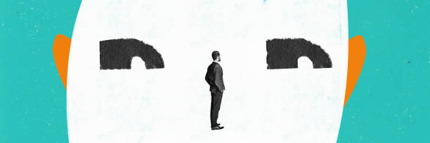 istock Banner with pensive businessman, office worker trying to solve problem over colorful background. Contemporary art collage 1490717171