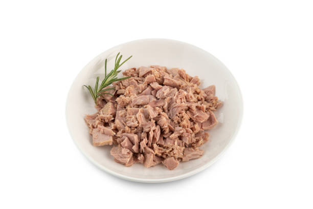 istock Canned tuna fish in brine on white plate 1490717193