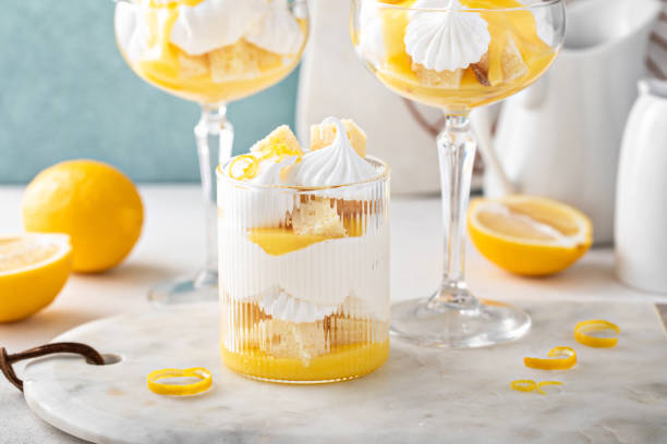 Lemon parfait with pound cake, lemon curd, whipped cream and meringue