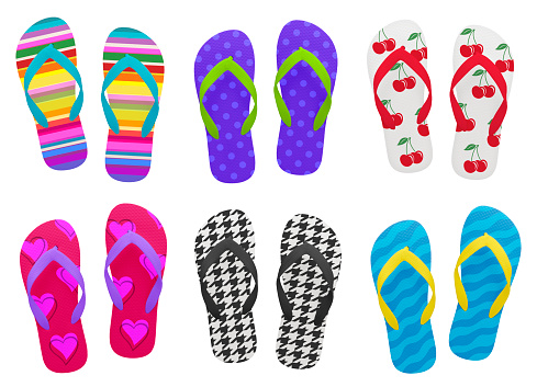 Colorful  flip-flops sandals collection with different designs isolated on pure white background