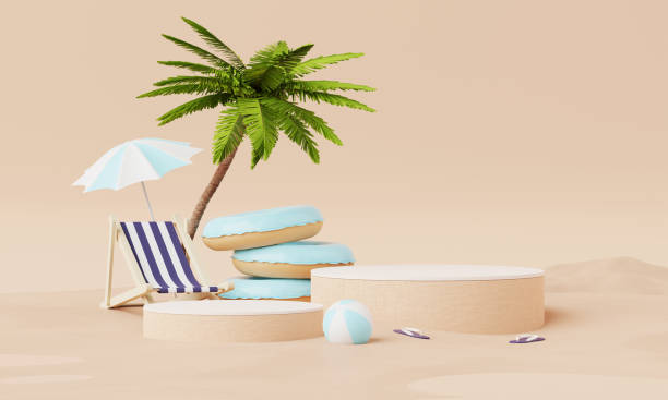 istock Summer vacation beach abstract background concept, Minimal Realistic Display Podium for Product mock-up or Cosmetics with summer theme, beach umbrella, sand, chairs, inflatable ring. 3d rendering 1490719948