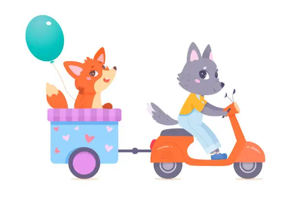 Vector illustration of Fun ride of cute animals friends, funny wolf riding motor scooter, carrying fox in cart