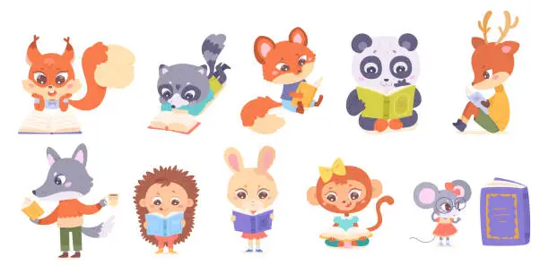 Vector illustration of Cute animals read books set, funny smart characters holding open books and coffee cup