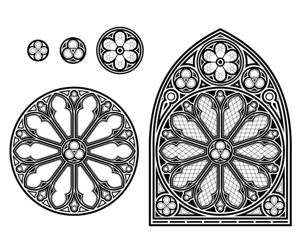 ilustraciones, imágenes clip art, dibujos animados e iconos de stock de vidriera de catedral de color gótico medieval - gothic style castle church arch