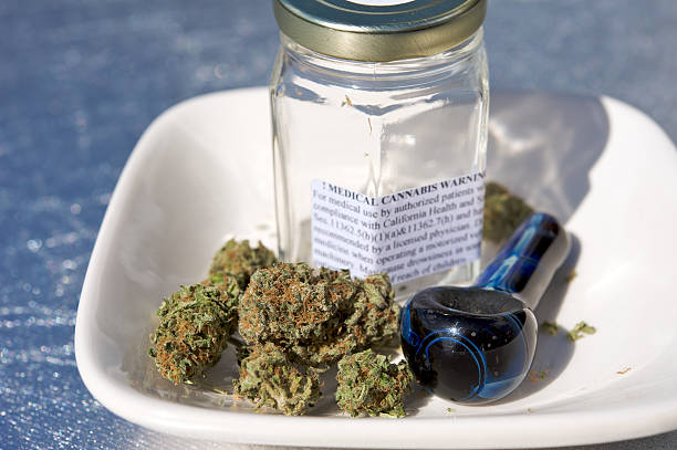Medical Marijuana Medical cannabis warning on a jar. The type of the marijuana is chemdawg. There is also a pipe. feminisierte cannabiss stock pictures, royalty-free photos & images