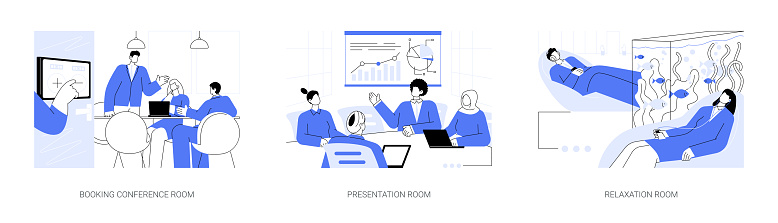 Office facilities abstract concept vector illustration set. Booking conference room, presentation and relaxation zone, office life, teamwork organization at workplace abstract metaphor.