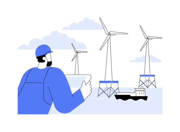 illustrations, cliparts, dessins animés et icônes de illustration vectorielle abstraite du concept de l’énergie éolienne offshore. - engineer wind turbine alternative energy energy