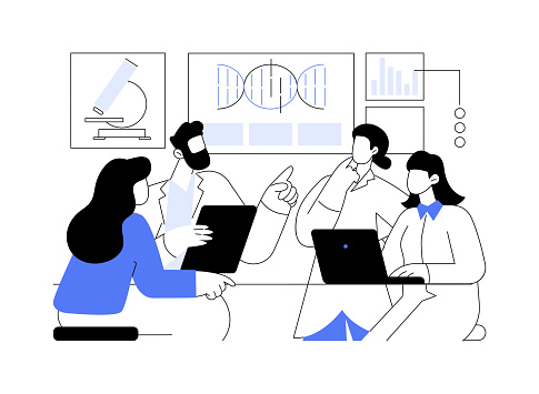 Form a scientific hypothesis abstract concept vector illustration. Group of doctors deals with basic medical research, laboratory experiment, hypothesis investigation abstract metaphor.