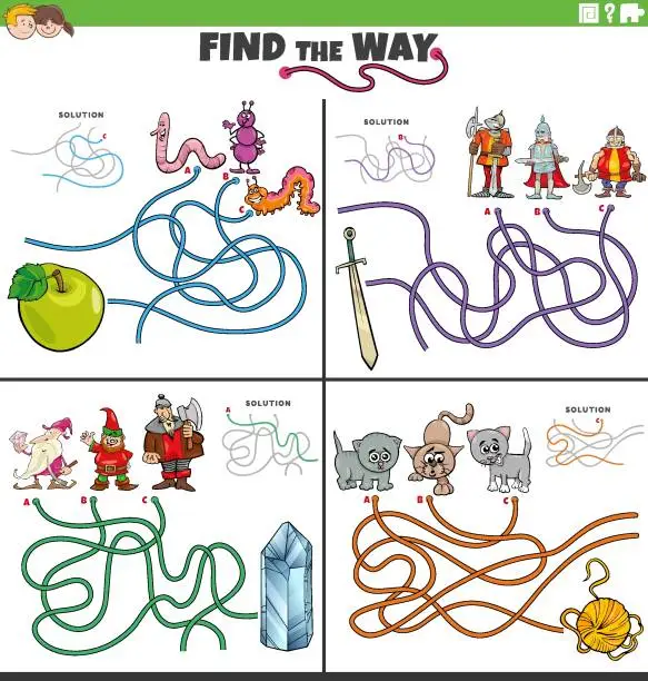 Vector illustration of find the way maze game with funny cartoon characters