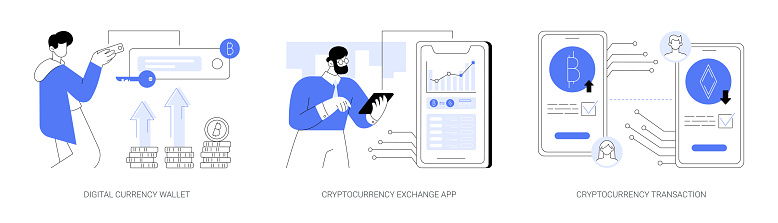 Cryptocurrencies applications abstract concept vector illustration set. Person holding electronic key in hands, cryptocurrency exchange mobile app, transaction process on the screen abstract metaphor.