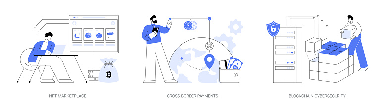 Blockchain technology use abstract concept vector illustration set. Choosing non-fungible tokens on NFT marketplace, making cross-border payments, blockchain cybersecurity abstract metaphor.