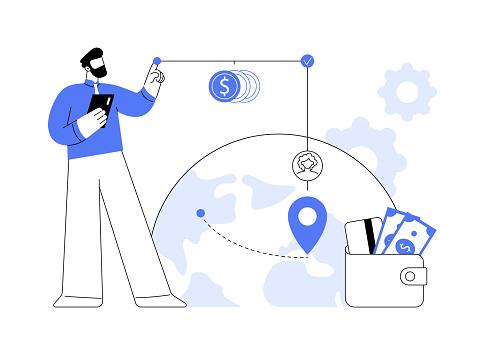 Cross-border payments abstract concept vector illustration. Man holding smartphone, making payments between different countries, blockchain technology, online transactions abstract metaphor.