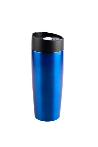 A blue thermos cup with a black lid isolated on a white background