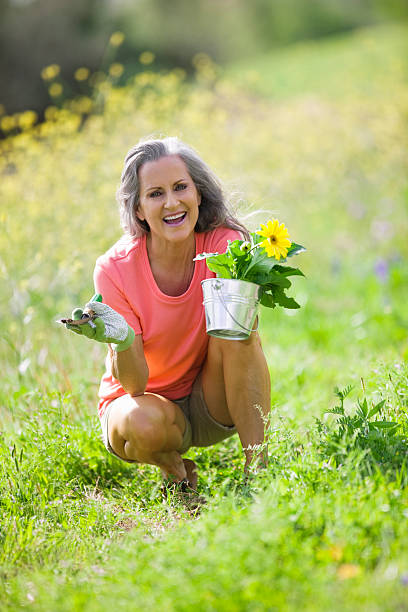 mulher segurando a panela de flor em campo de flores silvestres - planting clothing gray hair human age - fotografias e filmes do acervo