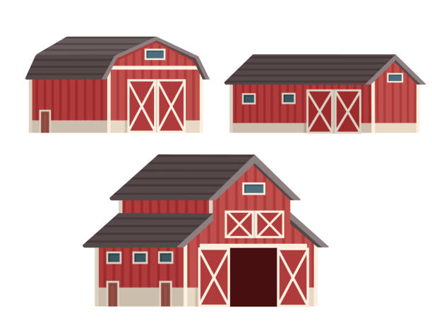 istock Set of three different wooden red barn houses retro architecture vector illustration on white background 1490727713