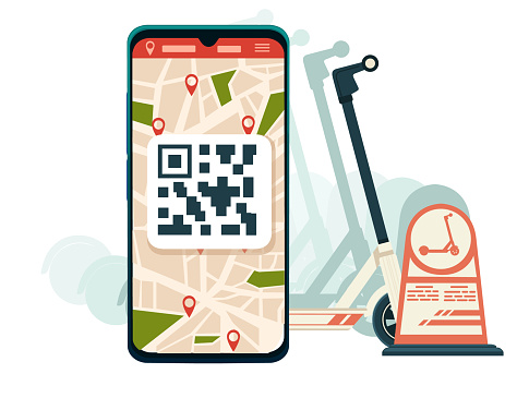 Qr Code Rent Scooter Electric Scooter Rental App On Smartphone With Map And Qr Code Vector ...