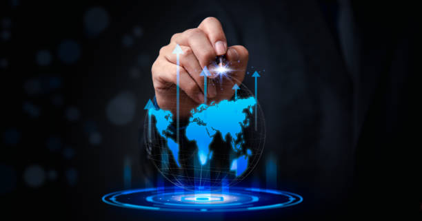 istock Businessman holding pen touching global and arrow virtual hologram. strategy development and growing growth plan. Investment analysis finance of growth. 1490728725
