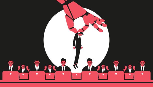 riesige roboterhand, die einen mitarbeiter vom arbeitstisch holt illustration - arbeitslosigkeit stock-grafiken, -clipart, -cartoons und -symbole