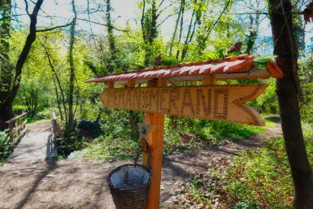 A closeup shot of a wooden direction sign in a park in Meran Merano