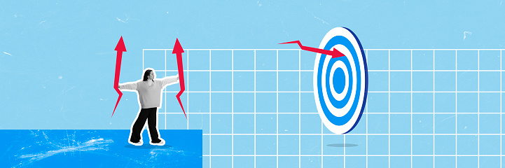 Banner with one girl, office worker holding arrows and throwing the target on blue background. Contemporary artwork. Concept of success, career growth, hard working, strategy, startup, marketing plan