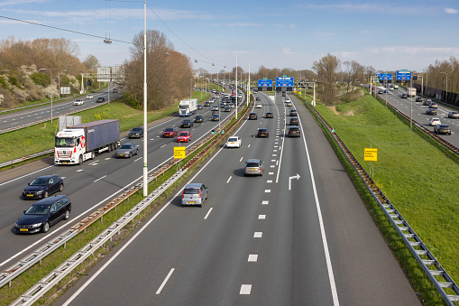 Utrecht, The Netherlands - April 4, 2023: View at Dutch freeway A12 in East direction near cloverleaf Lunetten